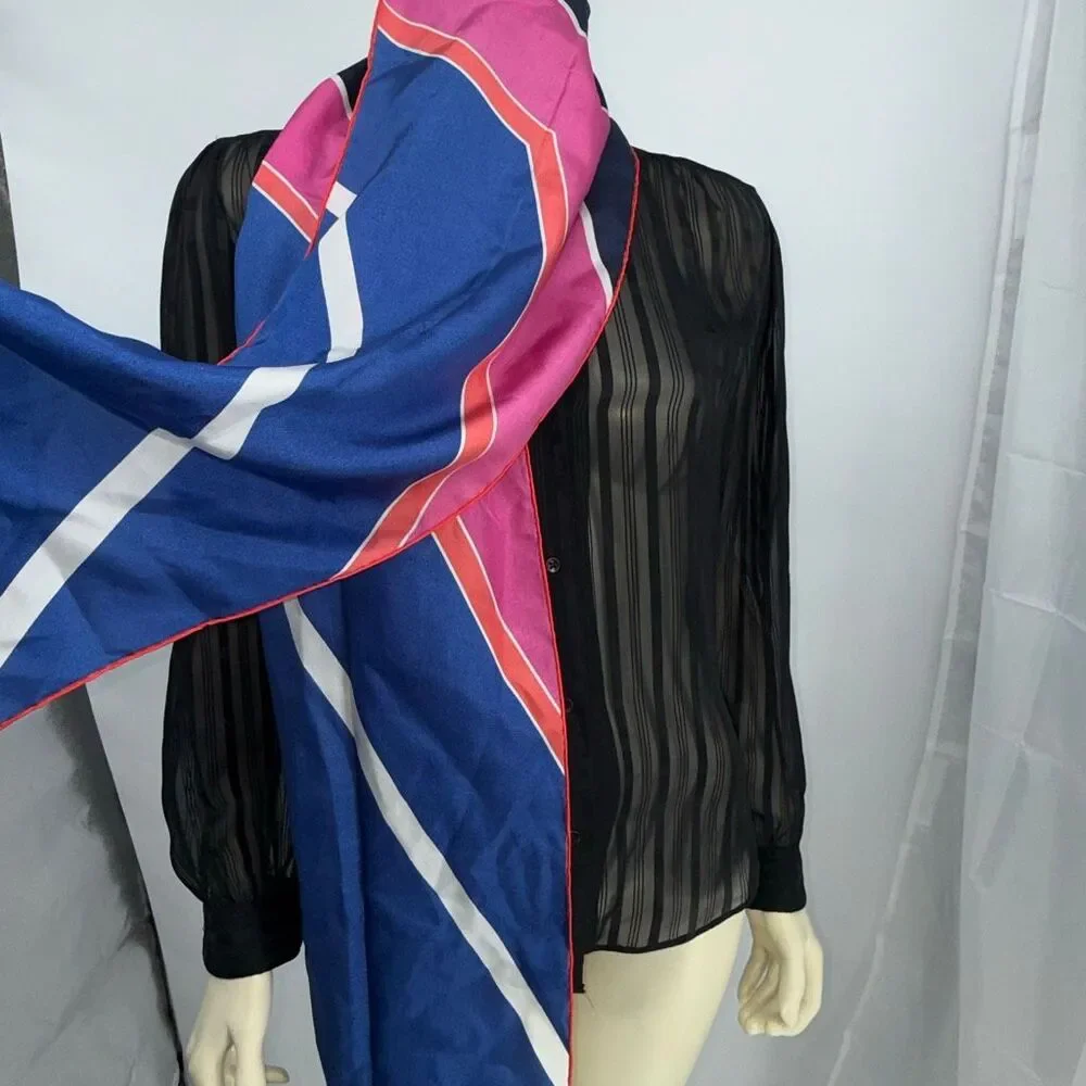 Vintage 80s Oblong Scarf 67x11 Pink Blue Red Stripe Colorblock Mod Long Neck Wra